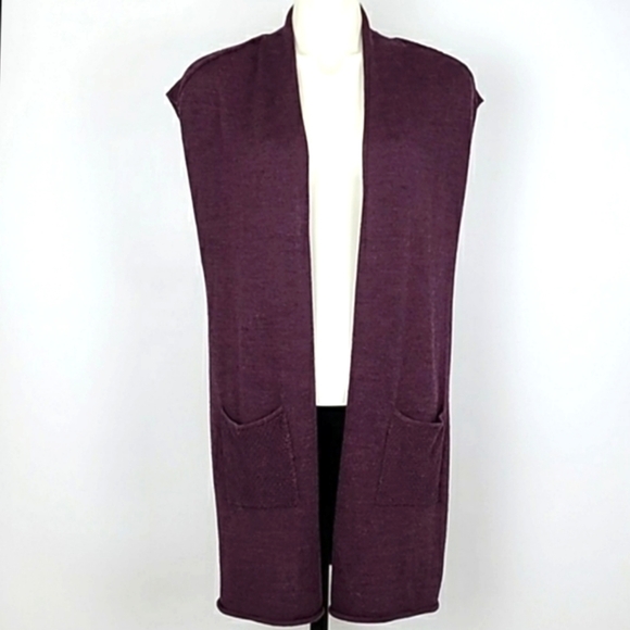 Ellen Tracy Plum Long Knit Open Front Vest Merino Wool Blend Pockets Size Medium - Picture 1 of 10